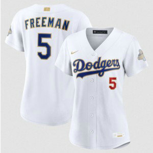 Los Angeles Dodgers 5 Freddie Freeman White 2026 Gold Champion Cool Base Women Jersey