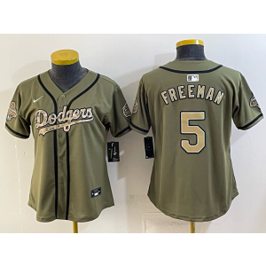 Los Angeles Dodgers 5 Freeman Olive Salute to Service Cool Base Women Jersey Los Angeles Dodgers 5 Freeman Olive Salute to Service Cool Base Women Jersey