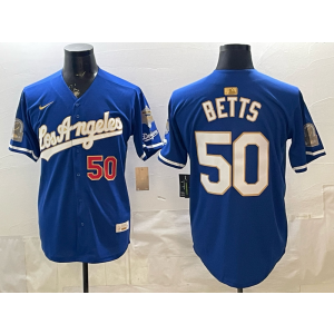 Los Angeles Dodgers 50 Betts Blue Gold World Series Champion Cool Base Men Jersey