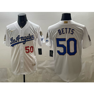 Los Angeles Dodgers 50 Betts White Gold World Series Champion Cool Base Men Jersey