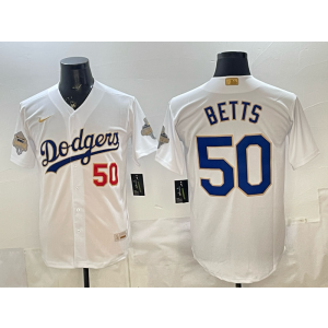 Los Angeles Dodgers 50 Mookie Betts 2026 White Gold Champion Cool Base Men Jersey