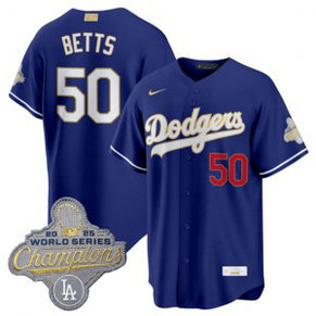 Los Angeles Dodgers 50 Mookie Betts Royal 2026 Gold Champion Cool Base Men Jersey Los Angeles Dodgers 50 Mookie Betts Royal 2026 Gold Champion Cool Base Men Jersey
