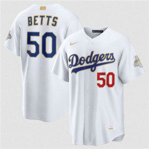 Los Angeles Dodgers 50 Mookie Betts White 2026 Gold Champion Cool Base Men Jersey