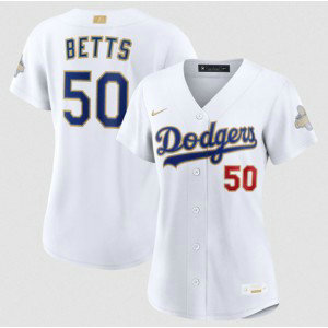 Los Angeles Dodgers 50 Mookie Betts White 2026 Gold Champion Cool Base Women Jersey