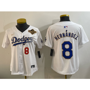 Los Angeles Dodgers 8 Hernandez White Gold World Series Cool Base Women Jersey