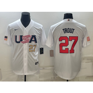 MLB Angels USA Baseball 27 Mike Trout White Gold 2023 World Baseball Classic Men Jersey