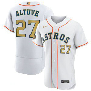 MLB Astros 27 Jose Altuve White 2023 Gold Collection With World Serise Champions Patch Flexbase Men Jersey