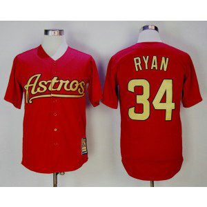 MLB Astros 34 Nolan Ryan Red Gold Cooperstown Collection Throwback Men Jersey