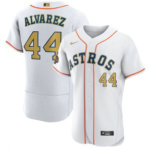 MLB Astros 44 Yordan Alvarez White 2023 Gold Collection With World Serise Champions Patch Flexbase Men Jersey