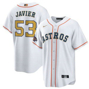 MLB Astros 53 Cristian Javier White 2023 Gold Collection With World Serise Champions Patch Cool Base Men Jersey