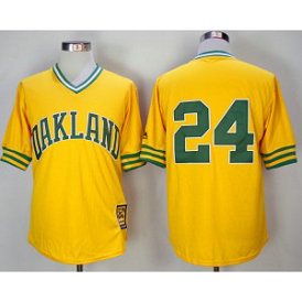 MLB Athletics 24 Rickey Henderson Yellow 1981 Mitchell & Ness Throwback Men Jersey
