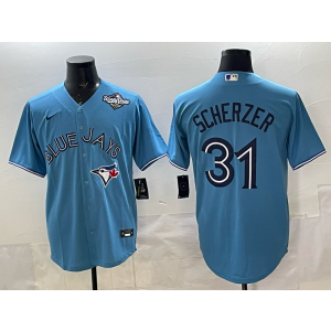 MLB Blue Jays 31 Scherzer Light Blue 2025 World Series Nike Cool Base Men Jersey