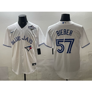 MLB Blue Jays 57 Bieber White 2025 World Series Nike Cool Base Men Jersey