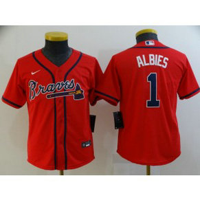 MLB Braves 1 ALBIES Red Nike Cool Base Youth Jersey