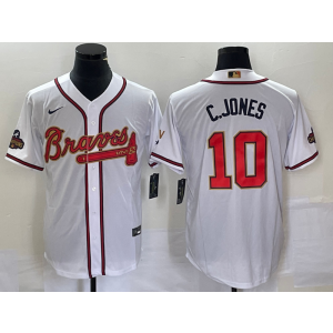 MLB Braves 10 Chipper Jones White Gold Nike Cool Base Men Jersey