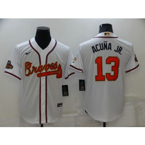 MLB Braves 13 Ronald Acuna 2022 White Gold Nike Cool Base Men Jersey