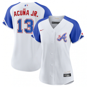 MLB Braves 13 Ronald Acuna Jr. White 2023 City Connect Nike Cool Base Women Jersey(Run Small)