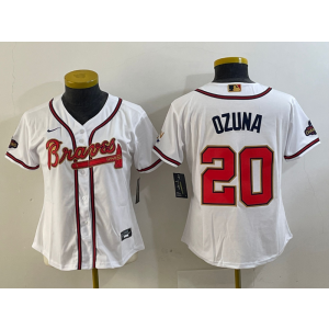 MLB Braves 20 Ozuna White Gold Champion Nike Cool Base Women Jersey