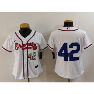 MLB Braves 42 White Gold Nike Cool Base Youth Jersey