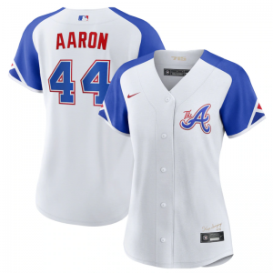 MLB Braves 44 Hank Aaron White 2023 City Connect Nike Cool Base Women Jersey(Run Small)