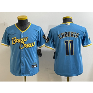 MLB Brewers 11 Chourio Blue City Nike Cool Base Youth Jersey