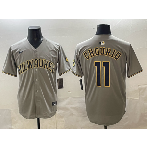 MLB Brewers 11 Chourio Grey Nike Cool Base Men Jersey