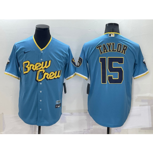 MLB Brewers 15 Tyrone Taylor Powder Blue 2021 City Connect Nike Cool Base Men Jersey