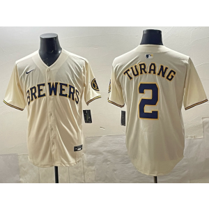 MLB Brewers 2 Turang Cream Nike Cool Base Men Jersey