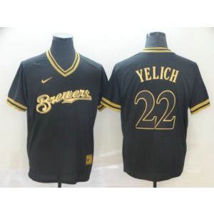 MLB Brewers 22 Christian Yelich Black Gold Nike Cooperstown Legend V Neck Men Jersey