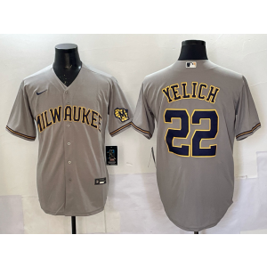 MLB Brewers 22 Christian Yelich Grey Nike Cool Base Men Jersey