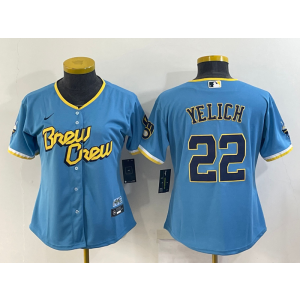 MLB Brewers 22 Christian Yelich Powder Blue 2021 City Connect Cool Base Women Jersey