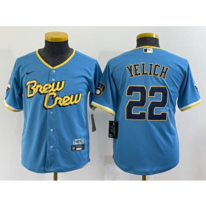 MLB Brewers 22 Christian Yelich Powder Blue 2021 City Connect Cool Base Youth Jersey
