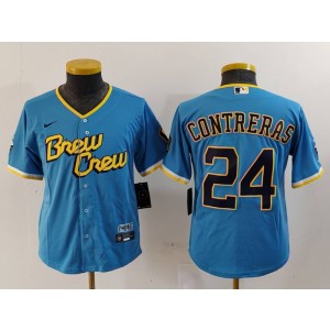 MLB Brewers 24 William Contreras Blue City Connect Nike Cool Base Youth Jersey