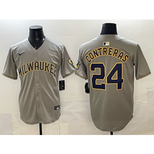 MLB Brewers 24 William Contreras Grey Nike Cool Base Men Jersey