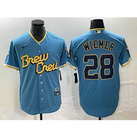 MLB Brewers 28 Joey Wiemer Powder Blue 2021 City Connect Nike Cool Base Men Jersey