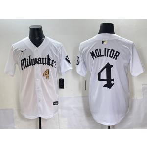 MLB Brewers 4 Molitor New White Gold Nike Cool Base Men Jersey