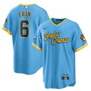 MLB Brewers 6 Lorenzo Cain Powder Blue 2021 City Connect Cool Base Men Jersey