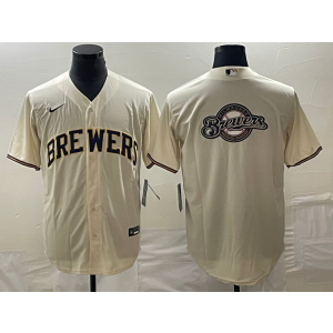 MLB Brewers Blank Cream Baseball Logo Nike Cool Base Men Jersey