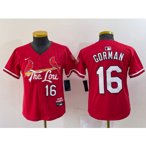 MLB Cardinals 16 Gorman Red 2024 City Connect Nike Cool Base Youth Jersey