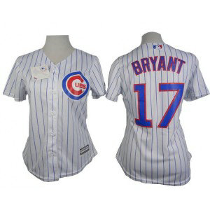 MLB Cubs 17 Kris Bryant White with Blue Strip Fashion Women Jersey