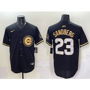 MLB Cubs 23 Sandberg Black Gold Nike Cool Base Men Jersey