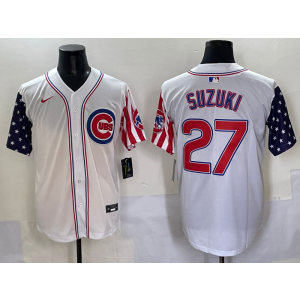 MLB Cubs 27 Seiya Suzuki White USA Flag Nike Cool Base Men Jersey
