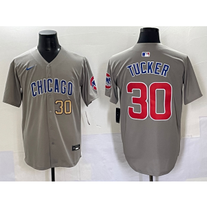 MLB Cubs 30 Kyle Tucker Grey Gold Nike Cool Base Men Jersey