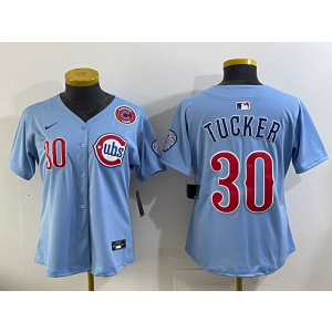 MLB Cubs 30 Kyle Tucker Light Blue Nike Cool Base Women Jersey