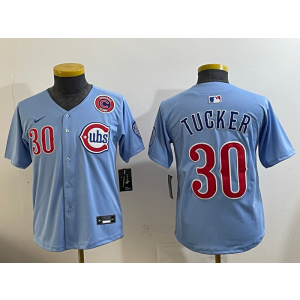 MLB Cubs 30 Kyle Tucker Light Blue Nike Cool Base Youth Jersey