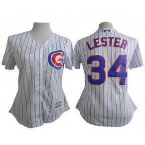 MLB Cubs 34 Jon Lester White with Blue Strip Fashion Women Jersey