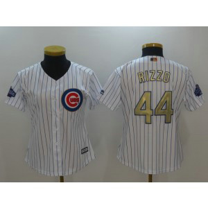 MLB Cubs 44 Anthony Rizzo White World Series Champions Gold Program Cool Base Women Jersey