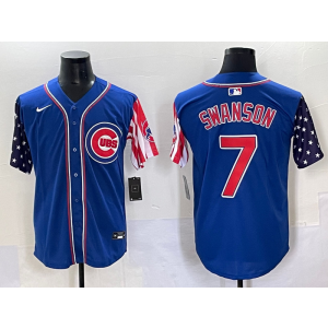MLB Cubs 7 Dansby Swanson Blue USA Flag Nike Cool Base Men Jersey
