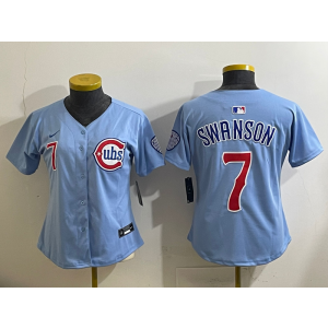 MLB Cubs 7 Dansby Swanson Light Blue Nike Cool Base Women Jersey