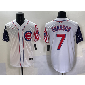 MLB Cubs 7 Dansby Swanson White USA Flag Nike Cool Base Men Jersey